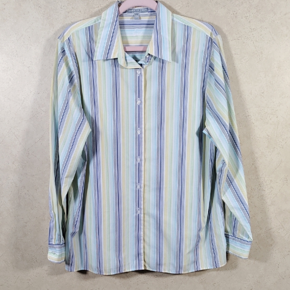 H155 Foxcroft blue, yellow & green striped wrinkle free blouse 16